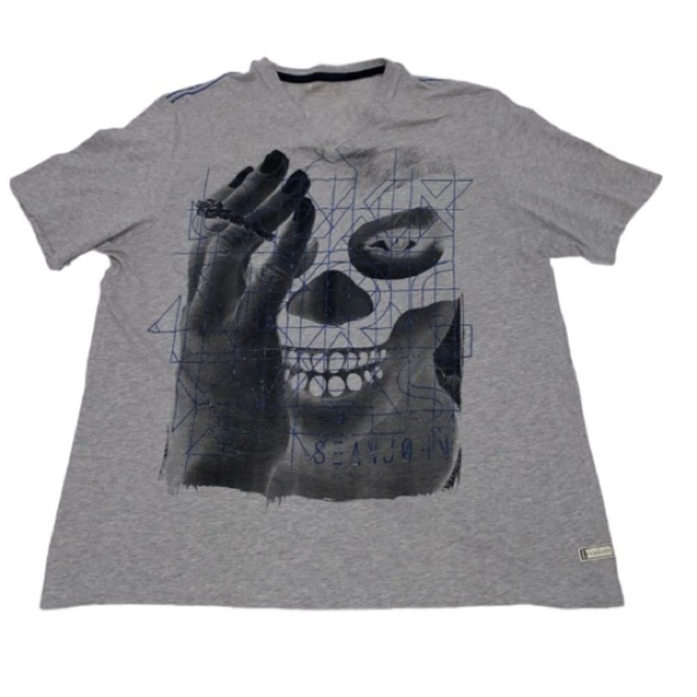 Sean John Vintage 1998 Gray Face Hand Graphic V-Neck Short Sleeve Shirt Large